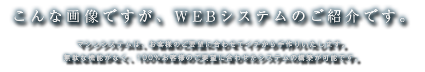こんな画像ですが、WEBシステムのご紹介です。
		マシンシステムは、お客様のご要望に合わせてイチから手作りいたします。
		無駄な機能がなく、100%お客様のご要望に合わせたシステムの構築が可能です。